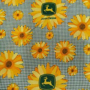 JOHN DEERE Logo Yellow and Gold Sunflowers on Green & Cream Gingham-OOP